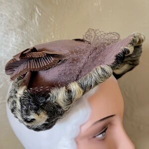 SOPHISTICATED TAUPE FELT & MOUTON FUR HALO HAT + GROSGRAIN TRIM & VEIL